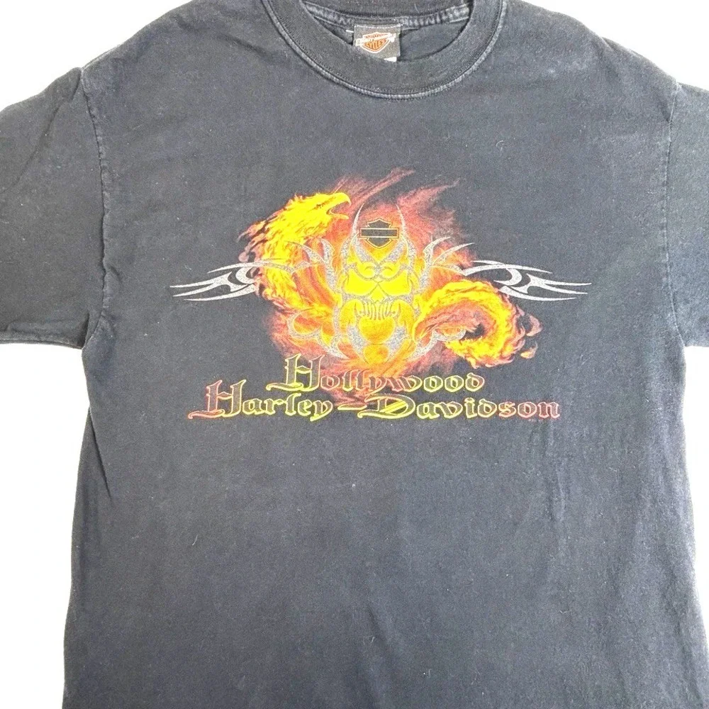 Harley Davidson T Shirt L Black Made In USA Hollywood CA Flame‎ Skull Biker VTG
